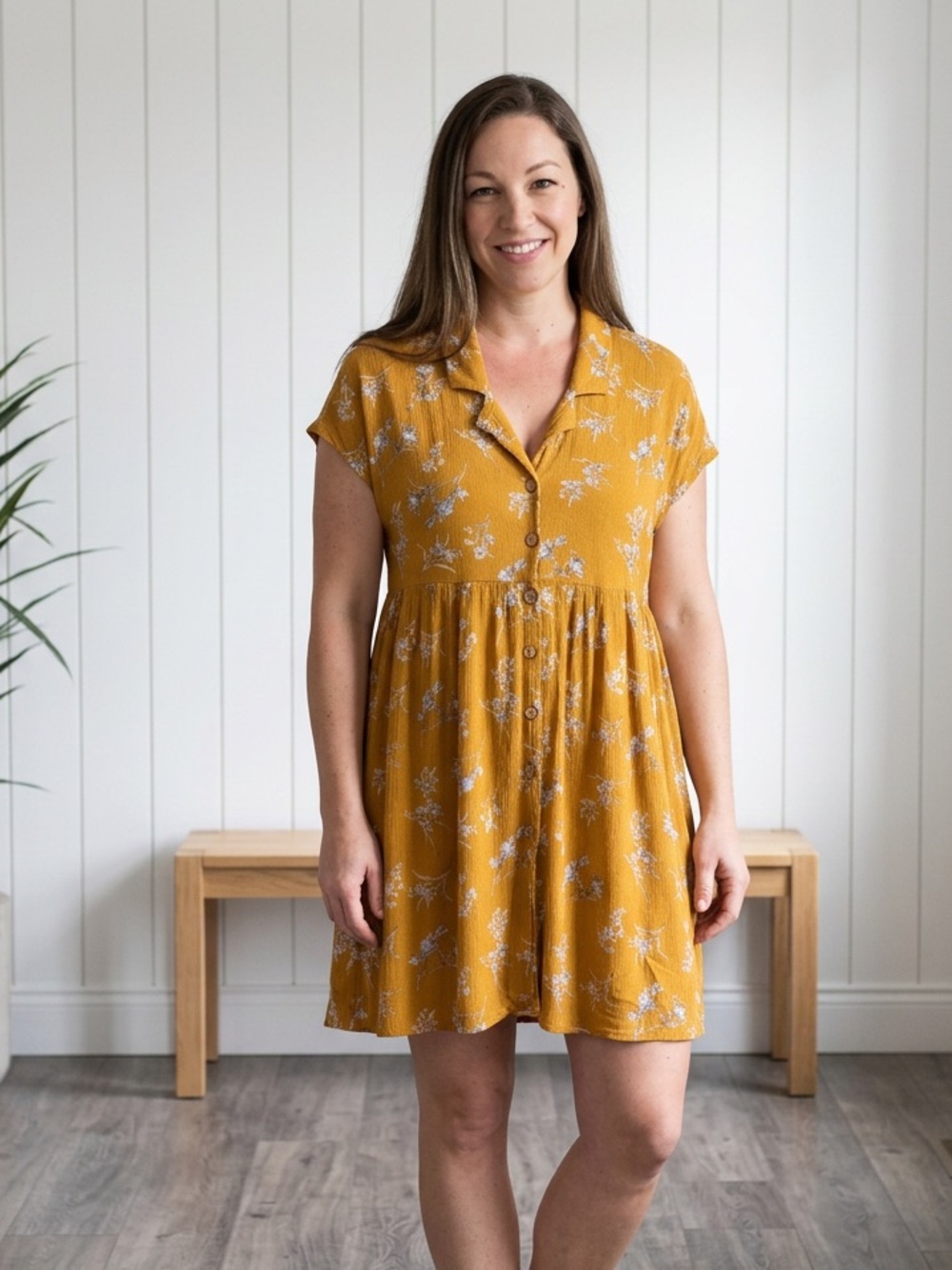 Rayon Mustard Floral Button-Front Dress Women’s Size Medium
